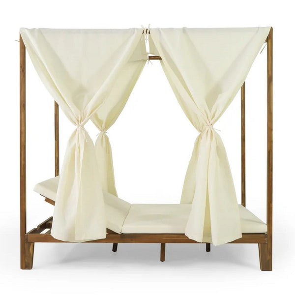 Yavi Outdoor Daybed, Brown Wood, Cream Waterproof Fabric, 79 Inch -BM335361