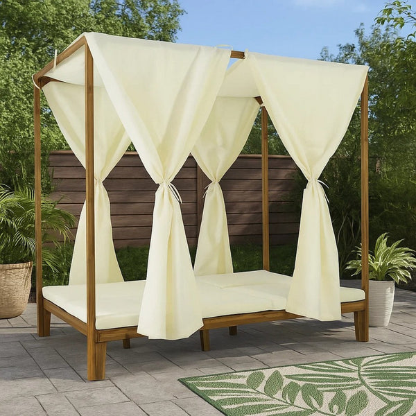 Yavi Outdoor Daybed, Brown Wood, Cream Waterproof Fabric, 79 Inch -BM335361