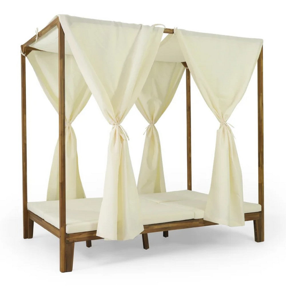 Yavi Outdoor Daybed, Brown Wood, Cream Waterproof Fabric, 79 Inch -BM335361