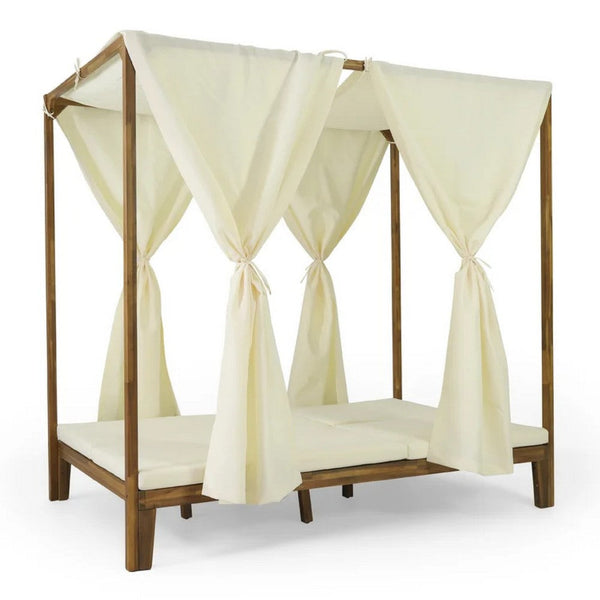 Yavi Outdoor Daybed, Brown Wood, Cream Waterproof Fabric, 79 Inch -BM335361