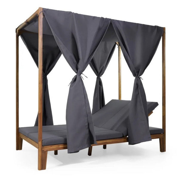 Yavi Outdoor Daybed, Brown Wood, Gray Waterproof Fabric, 79 Inch -BM335362