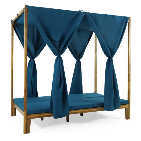 Yavi Outdoor Daybed, Brown Wood, Blue Waterproof Fabric, 79 Inch -BM335363