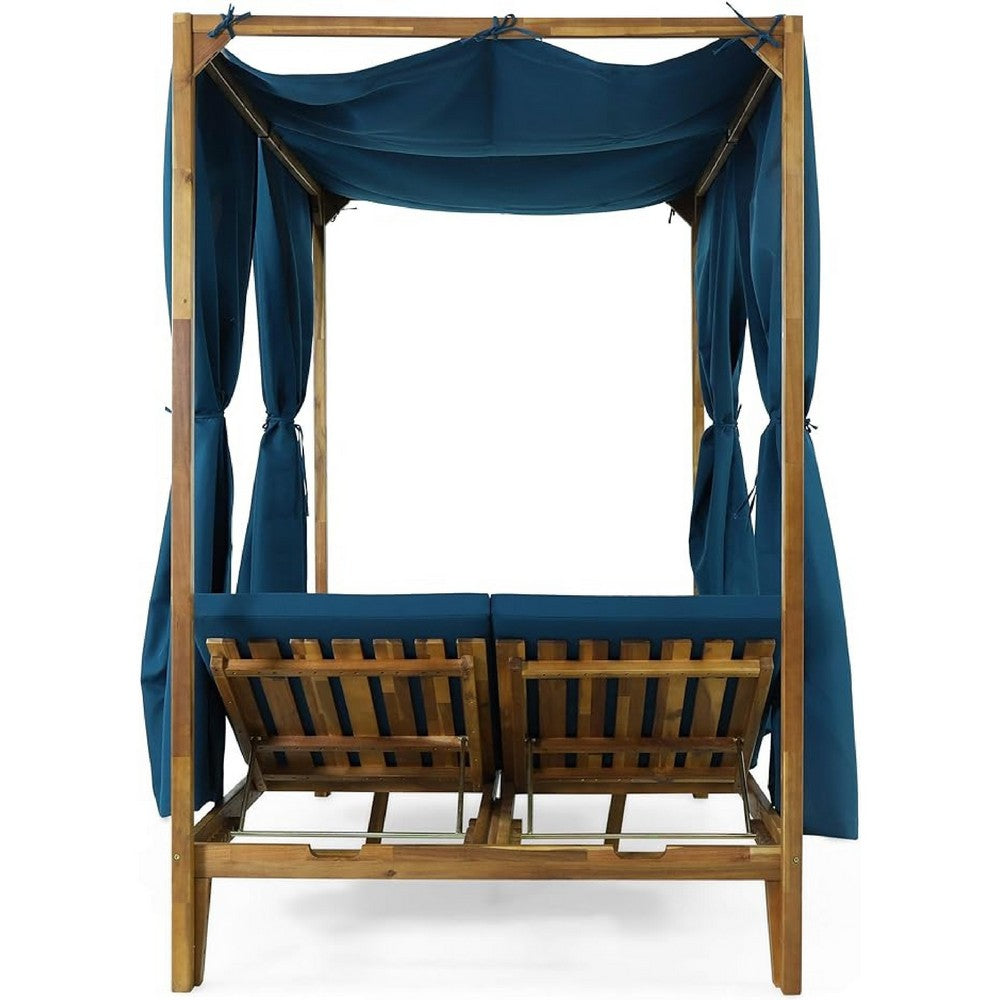 Yavi Outdoor Daybed, Brown Wood, Blue Waterproof Fabric, 79 Inch -BM335363