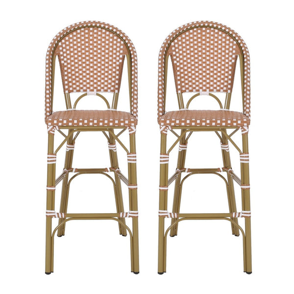 46 Inch Outdoor Barstool Chair Set of 2, Red White Brown Woven Wicker -BM335367