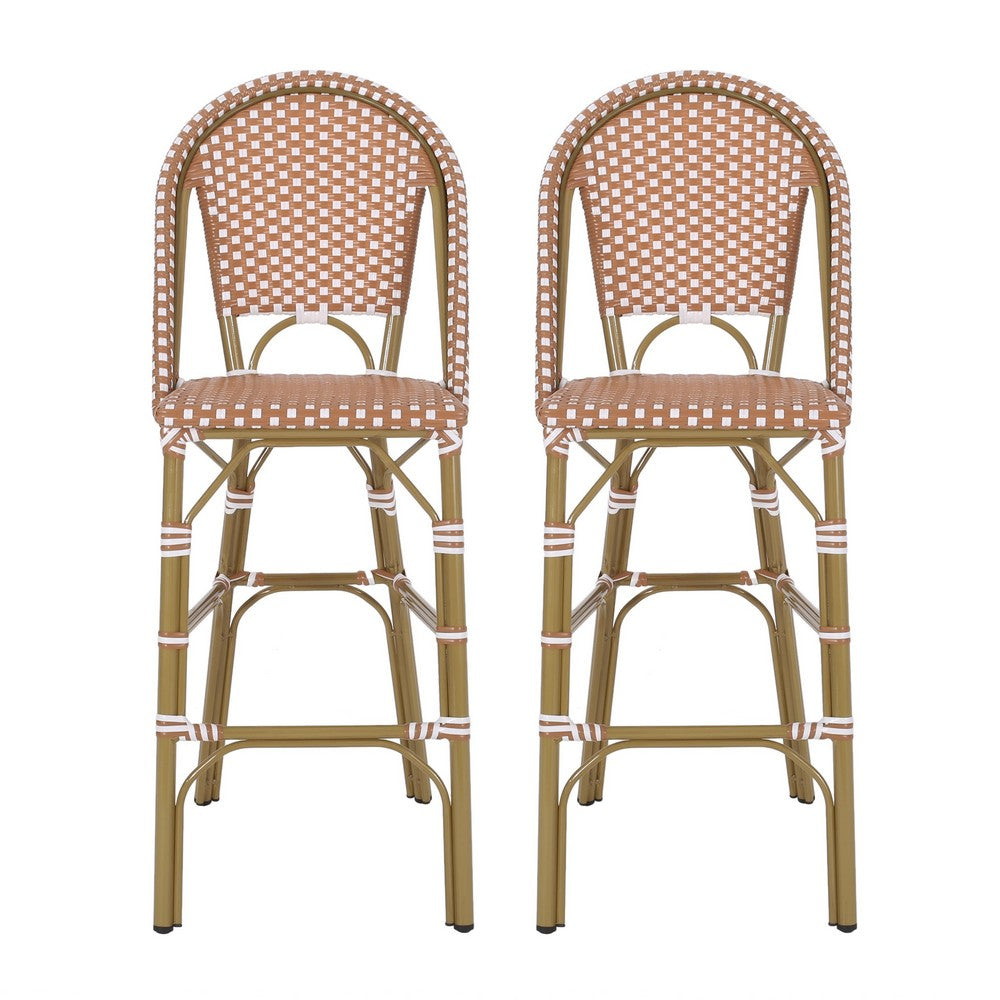 46 Inch Outdoor Barstool Chair Set of 2, Red White Brown Woven Wicker -BM335367