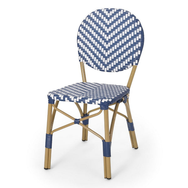 Outdoor French Bistro Chair Set of 2, White Blue Wicker Woven, Brown -BM335368