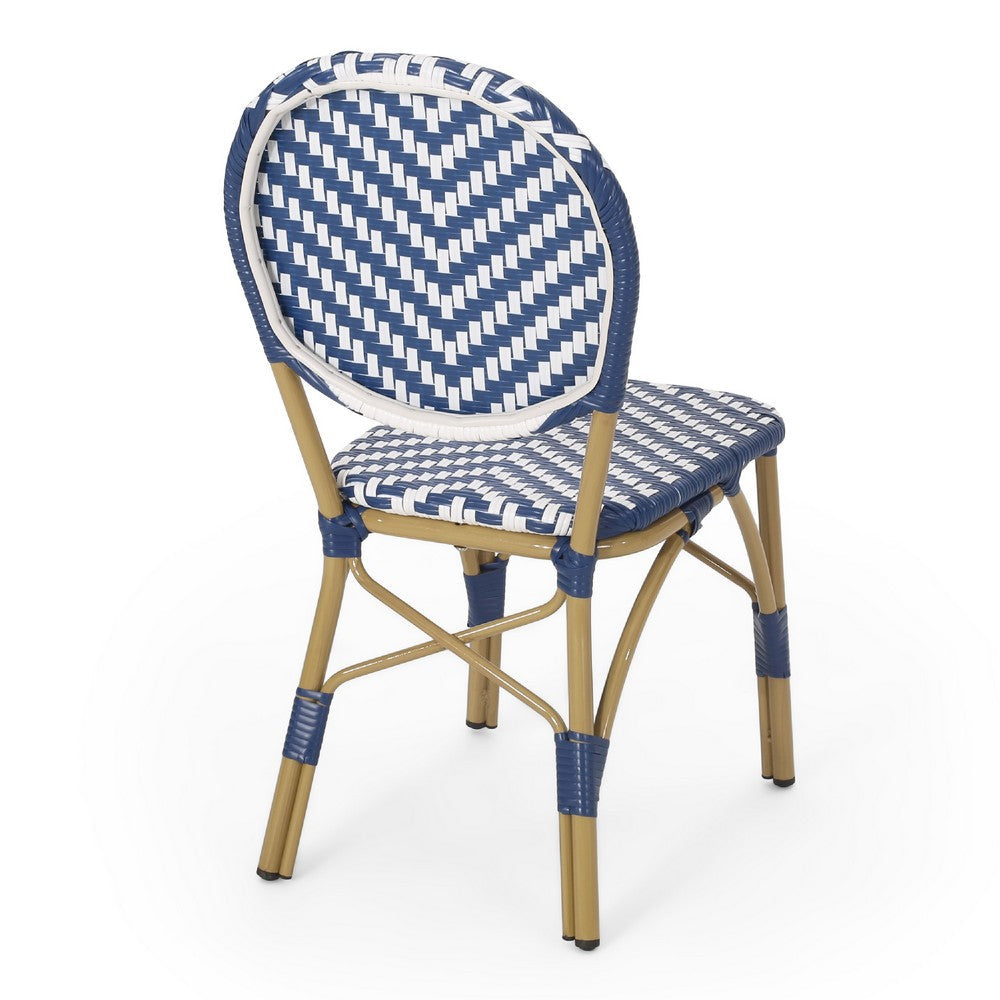 Outdoor French Bistro Chair Set of 2, White Blue Wicker Woven, Brown -BM335368