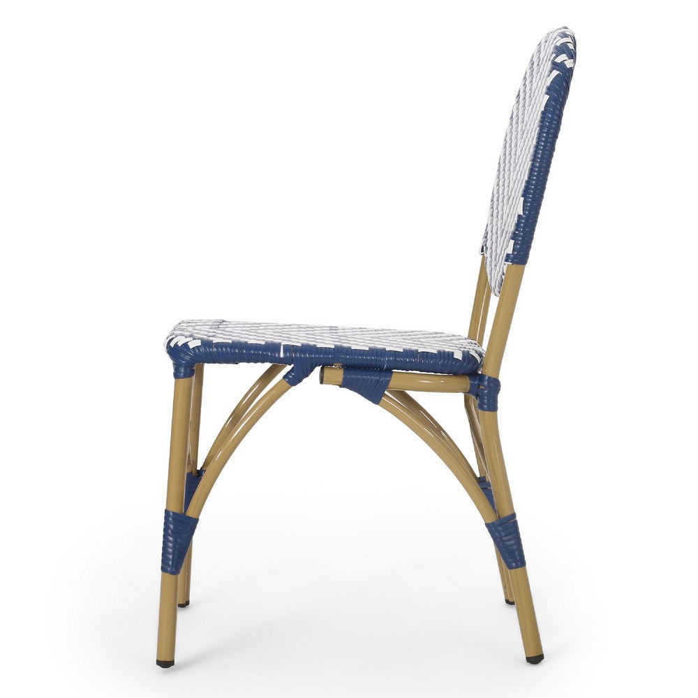 Outdoor French Bistro Chair Set of 2, White Blue Wicker Woven, Brown -BM335368