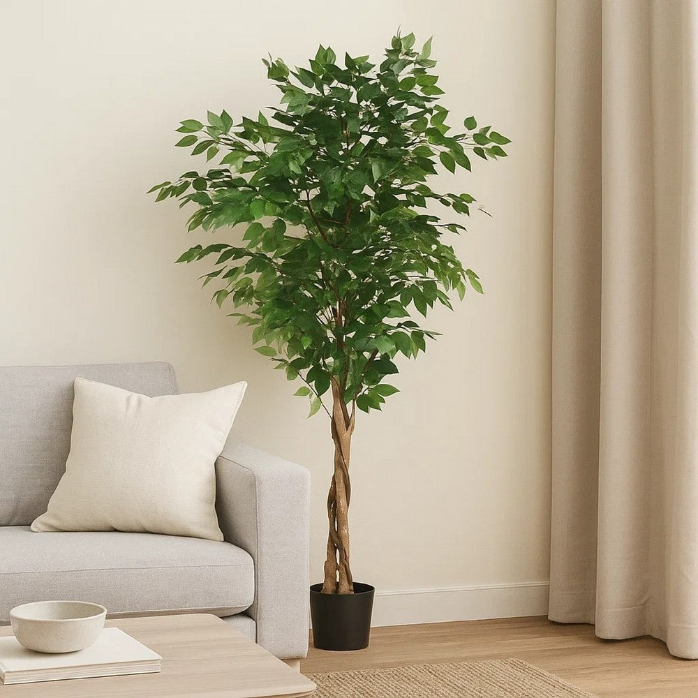 Deso Artificial Ficus Tree, Green Leaves w Twisted Trunk, 71 Inch -BM335369