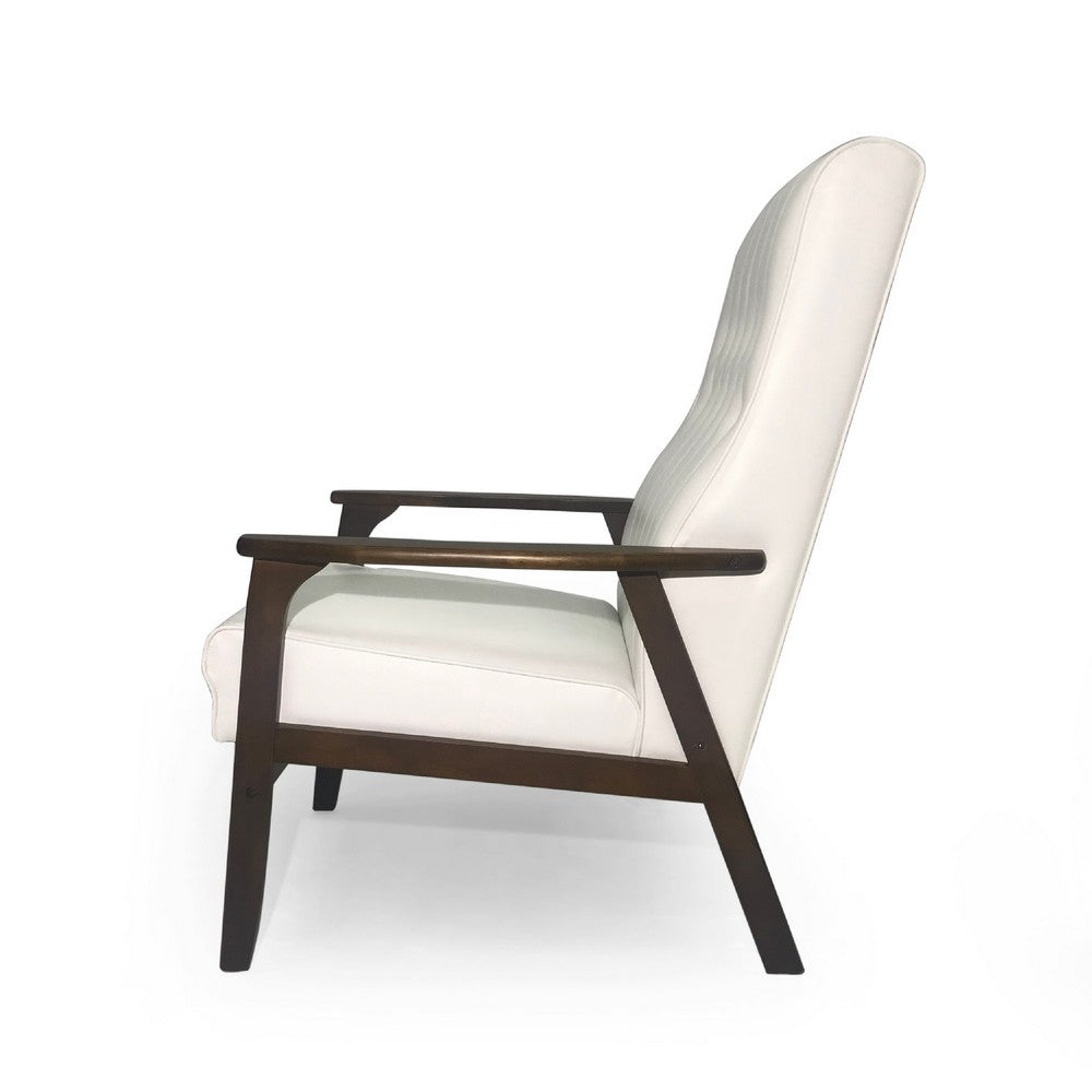 Modern Accent Chair, Snow White Tufted Faux Leather, Brown Rubberwood -BM335370