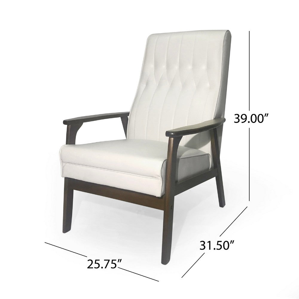 Modern Accent Chair, Snow White Tufted Faux Leather, Brown Rubberwood -BM335370