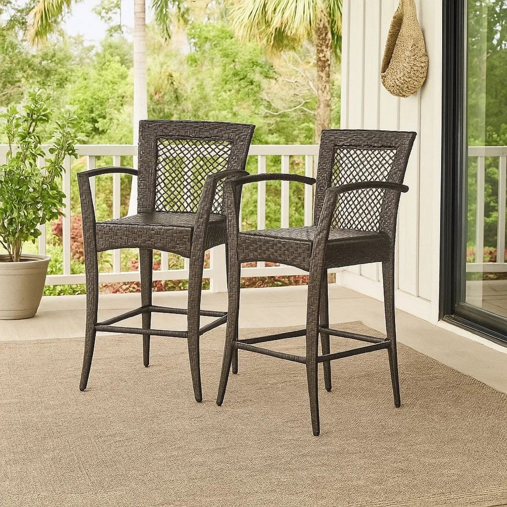 Fela Outdoor Barstool Chair Set of 2, Wicker Woven, Brown Iron Frame -BM335371
