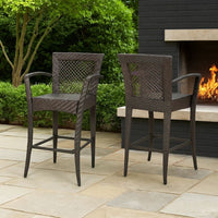 Fela Outdoor Barstool Chair Set of 2, Wicker Woven, Brown Iron Frame -BM335371