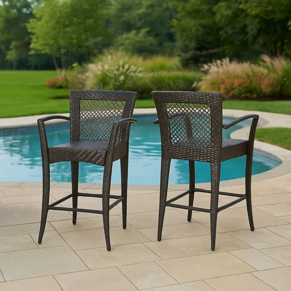 Fela Outdoor Barstool Chair Set of 2, Wicker Woven, Brown Iron Frame -BM335371