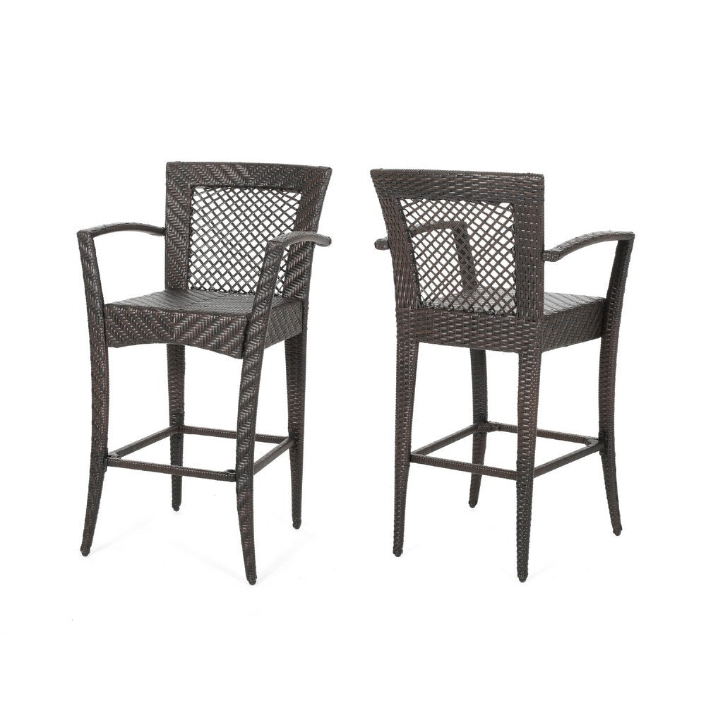 Fela Outdoor Barstool Chair Set of 2, Wicker Woven, Brown Iron Frame -BM335371