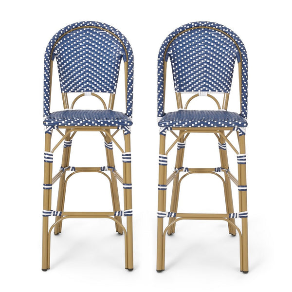 Meso Outdoor Barstool Chair Set of 2, White Blue Wicker Woven, Brown -BM335372