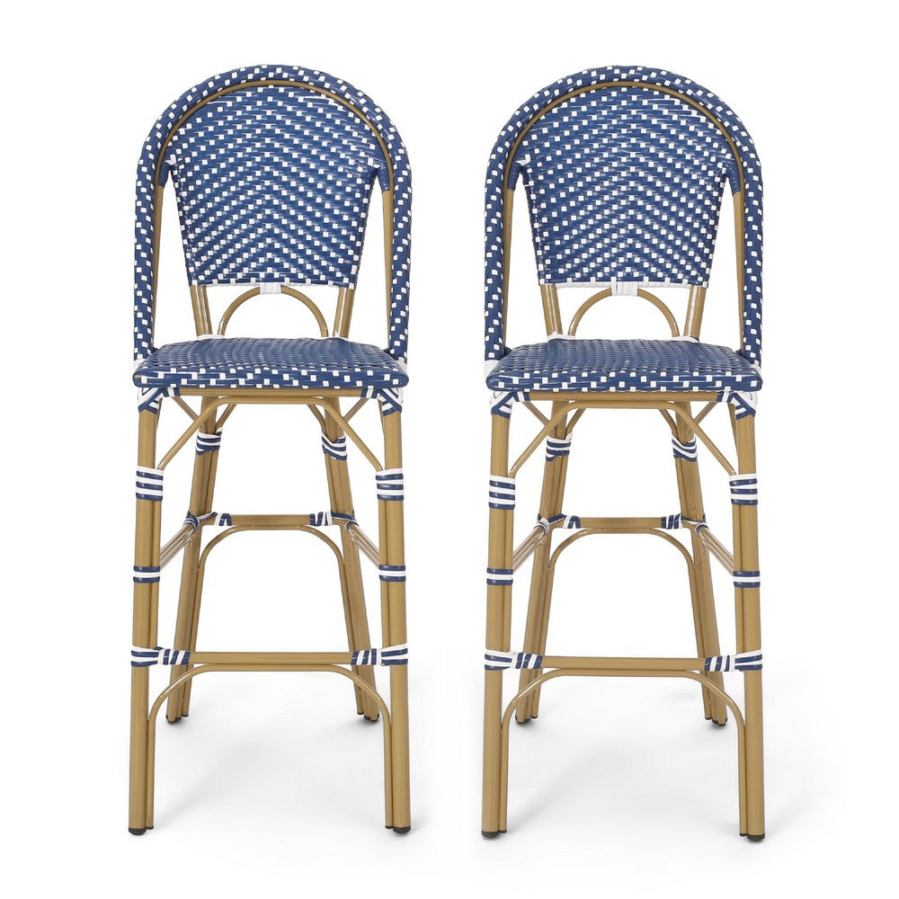 Meso Outdoor Barstool Chair Set of 2, White Blue Wicker Woven, Brown -BM335372