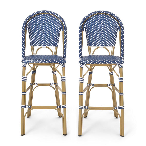 Meso Outdoor Barstool Chair Set of 2, White Blue Wicker Woven, Brown -BM335372