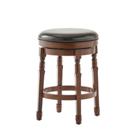 Swivel Backless Counter Stool Set of 2, Brown Faux Leather Carved Wood -BM335373