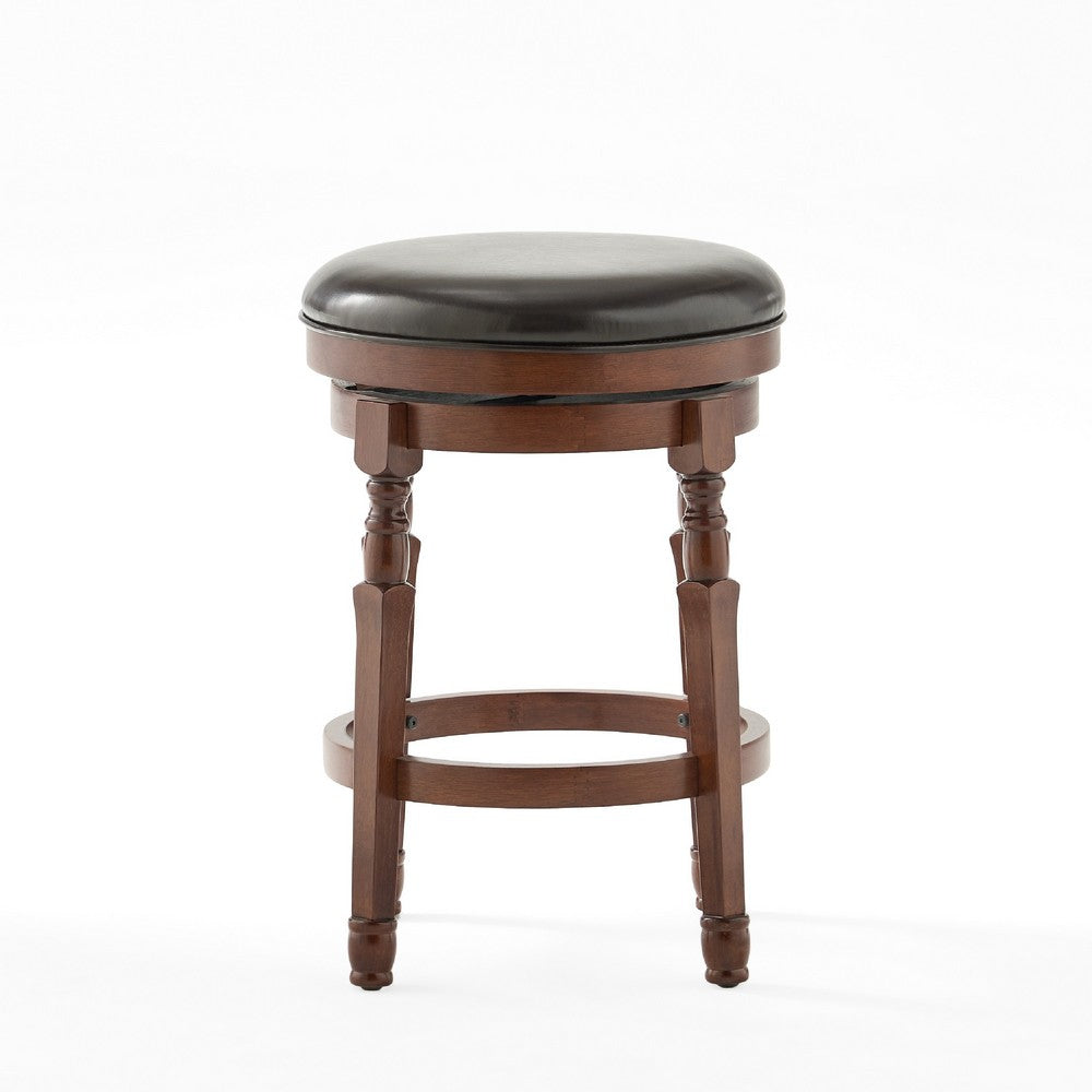 Swivel Backless Counter Stool Set of 2, Brown Faux Leather Carved Wood -BM335373
