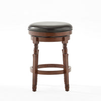 Swivel Backless Counter Stool Set of 2, Brown Faux Leather Carved Wood -BM335373