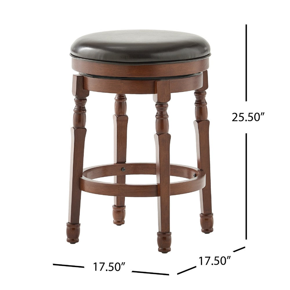 Swivel Backless Counter Stool Set of 2, Brown Faux Leather Carved Wood -BM335373
