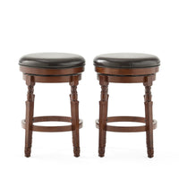 Swivel Backless Counter Stool Set of 2, Brown Faux Leather Carved Wood -BM335373