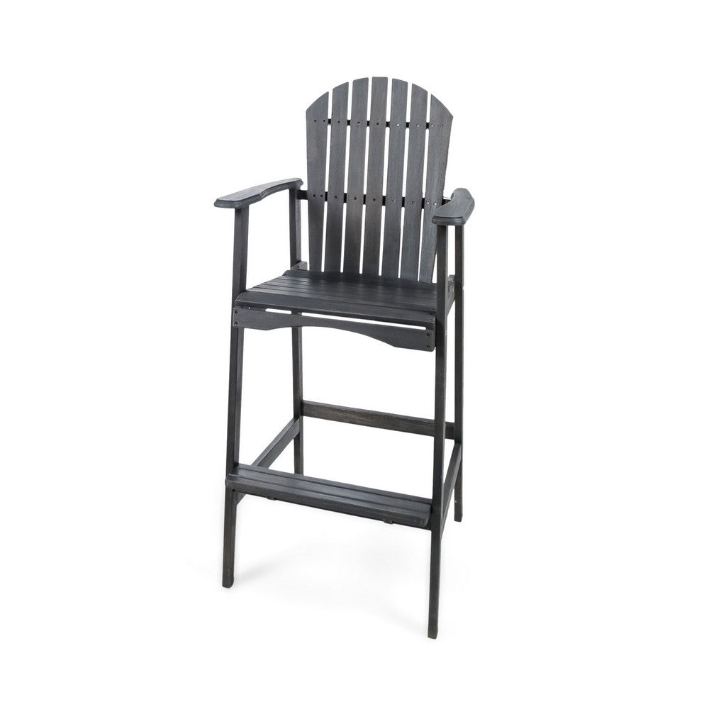 Outdoor Barstool Chair Set of 2, Rustic Slatted Back, Dark Gray Wood -BM335374