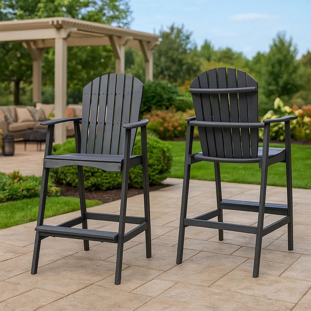 Outdoor Barstool Chair Set of 2, Rustic Slatted Back, Dark Gray Wood -BM335374