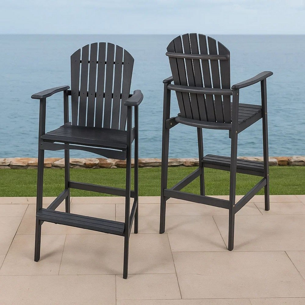 Outdoor Barstool Chair Set of 2, Rustic Slatted Back, Dark Gray Wood -BM335374