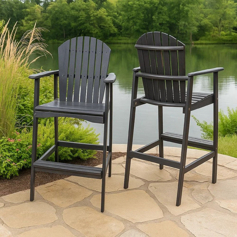 Outdoor Barstool Chair Set of 2, Rustic Slatted Back, Dark Gray Wood -BM335374
