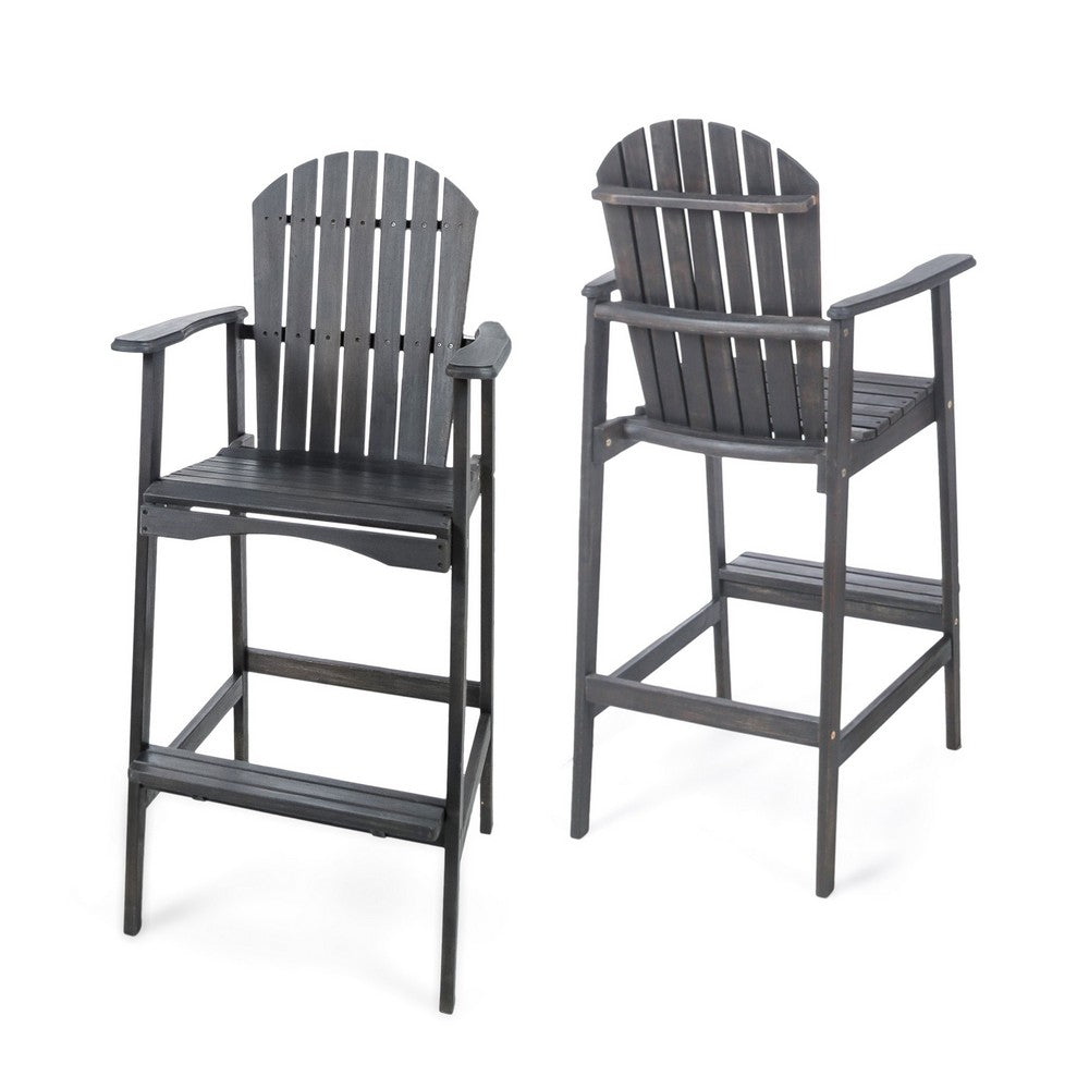 Outdoor Barstool Chair Set of 2, Rustic Slatted Back, Dark Gray Wood -BM335374