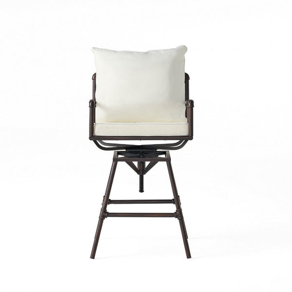 Outdoor Swivel Barstool Chair, Plush White Cushion, Rustic Bronze Iron -BM335376