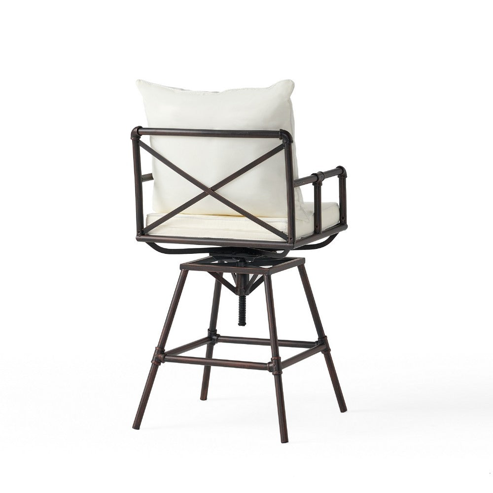 Outdoor Swivel Barstool Chair, Plush White Cushion, Rustic Bronze Iron -BM335376