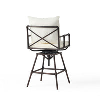 Outdoor Swivel Barstool Chair, Plush White Cushion, Rustic Bronze Iron -BM335376