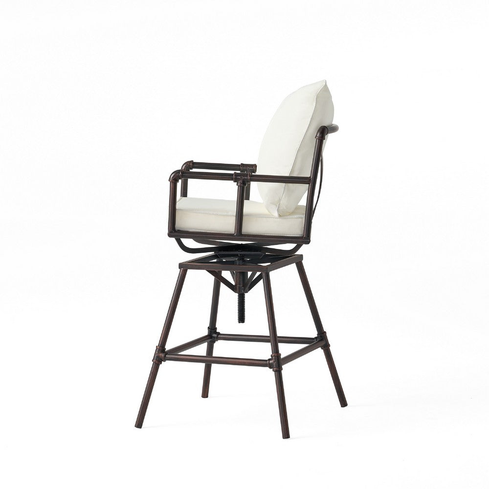 Outdoor Swivel Barstool Chair, Plush White Cushion, Rustic Bronze Iron -BM335376