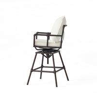 Outdoor Swivel Barstool Chair, Plush White Cushion, Rustic Bronze Iron -BM335376