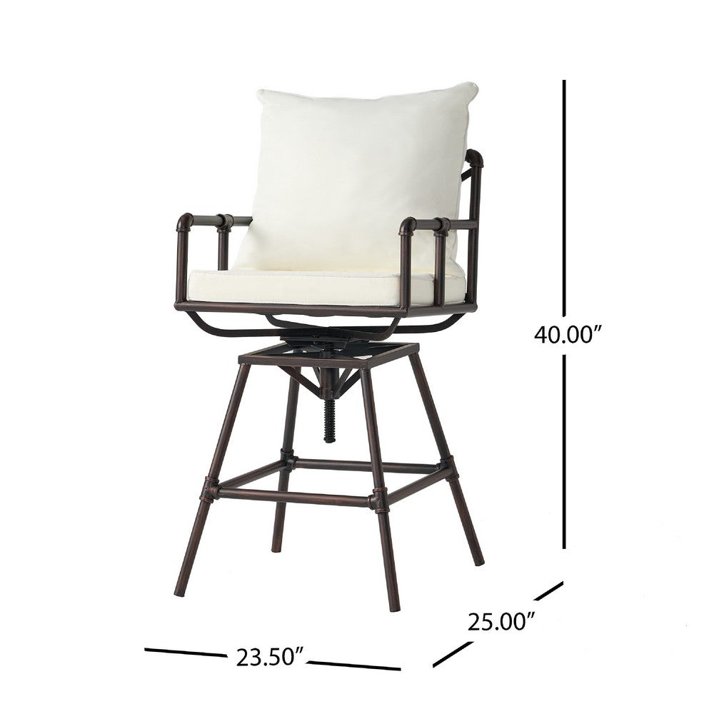 Outdoor Swivel Barstool Chair, Plush White Cushion, Rustic Bronze Iron -BM335376