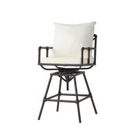 Outdoor Swivel Barstool Chair, Plush White Cushion, Rustic Bronze Iron -BM335376