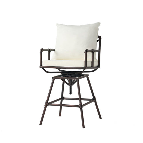 Outdoor Swivel Barstool Chair, Plush White Cushion, Rustic Bronze Iron -BM335376
