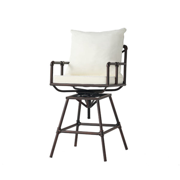 Outdoor Swivel Barstool Chair, Plush White Cushion, Rustic Bronze Iron -BM335376
