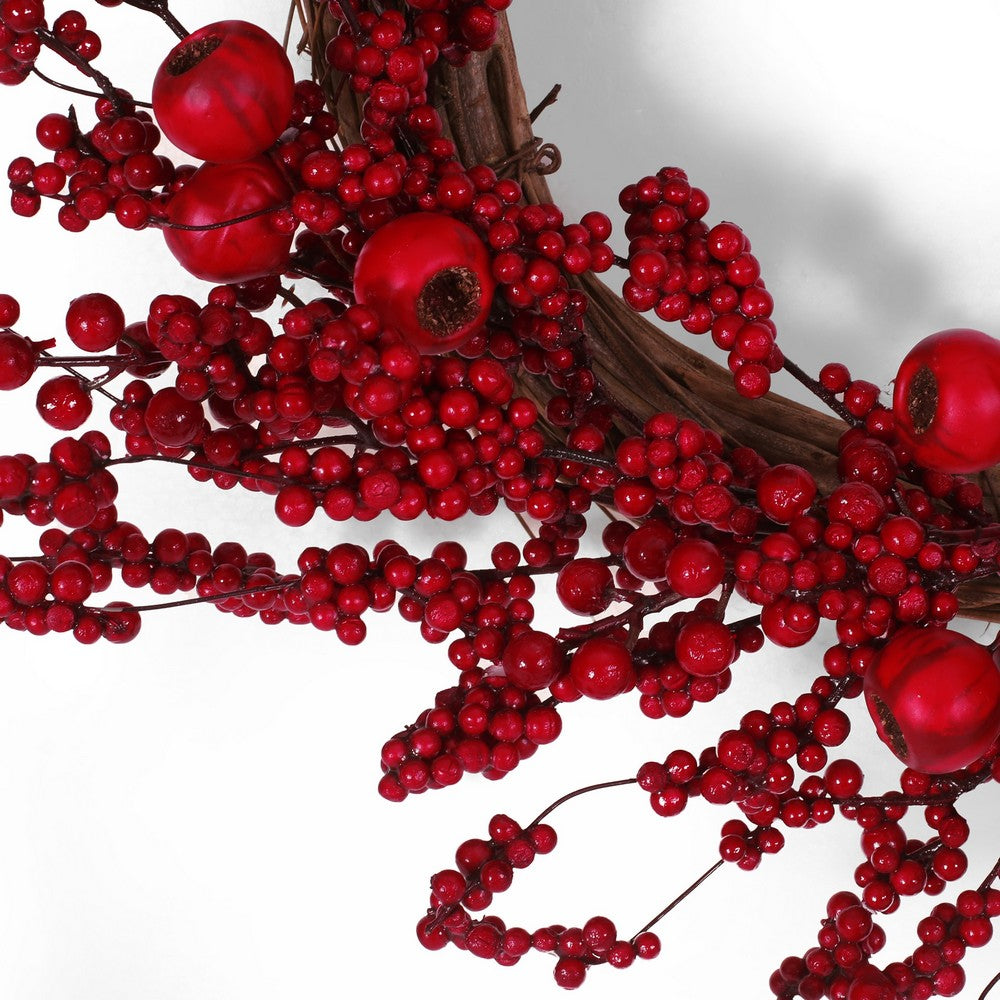 Decorative Door Wreath, 24 Inch Thatched Twigs with Red Faux Berries -BM335377