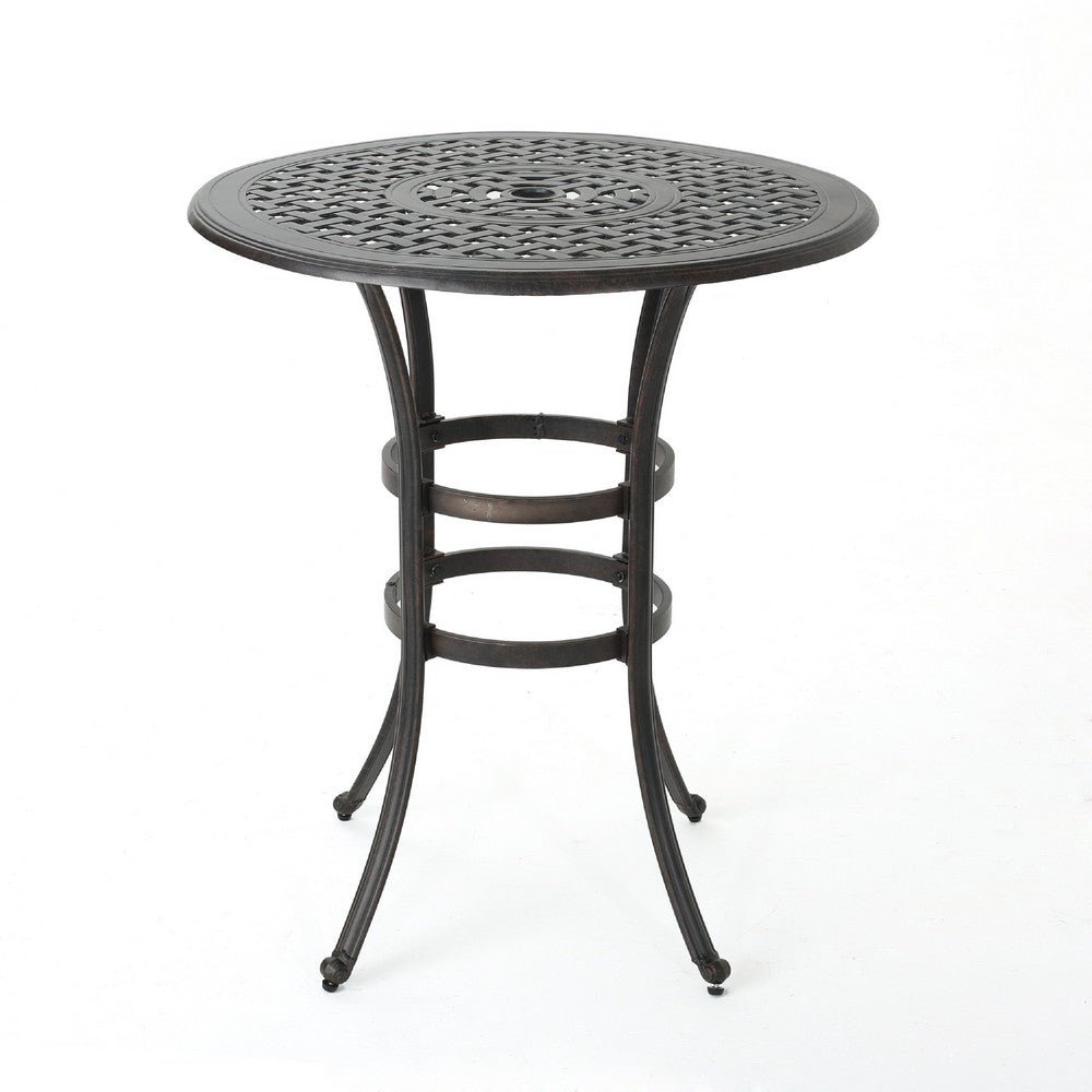 Outdoor Bistro Bar Table, 37 Inch Round Carved, Antique Bronze Metal -BM335378