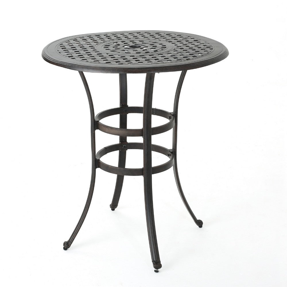 Outdoor Bistro Bar Table, 37 Inch Round Carved, Antique Bronze Metal -BM335378