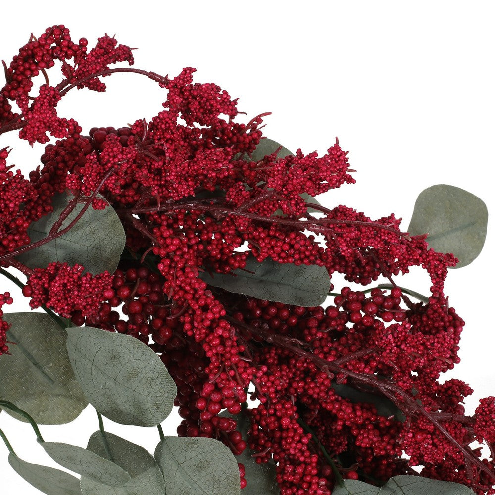 Decorative Hanging Wreath, 29 Inch Twig Red Faux Berries Eucalyptus -BM335379