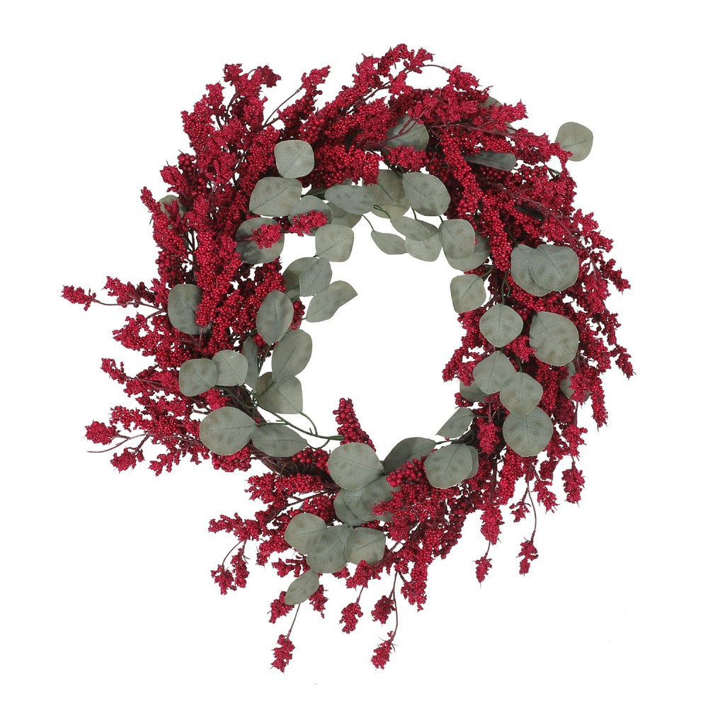 Decorative Hanging Wreath, 29 Inch Twig Red Faux Berries Eucalyptus -BM335379