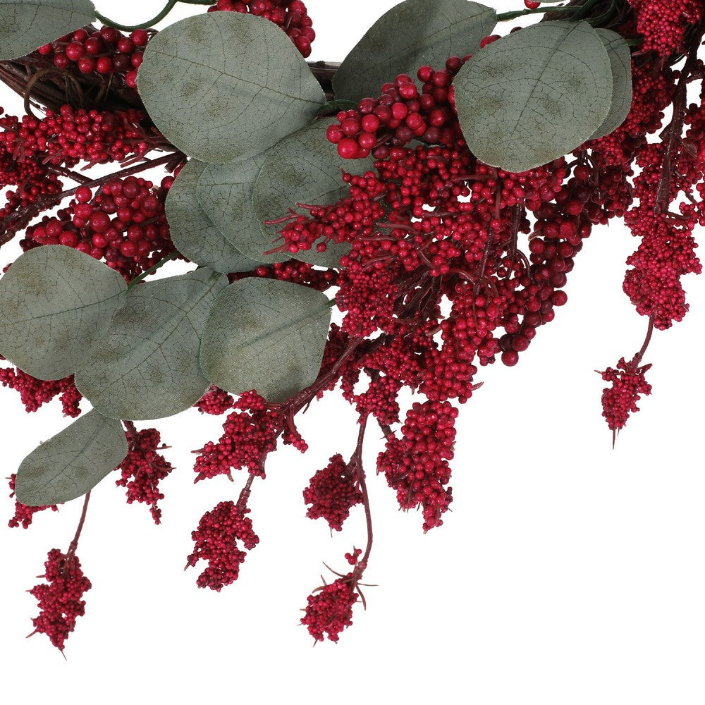 Decorative Hanging Wreath, 29 Inch Twig Red Faux Berries Eucalyptus -BM335379