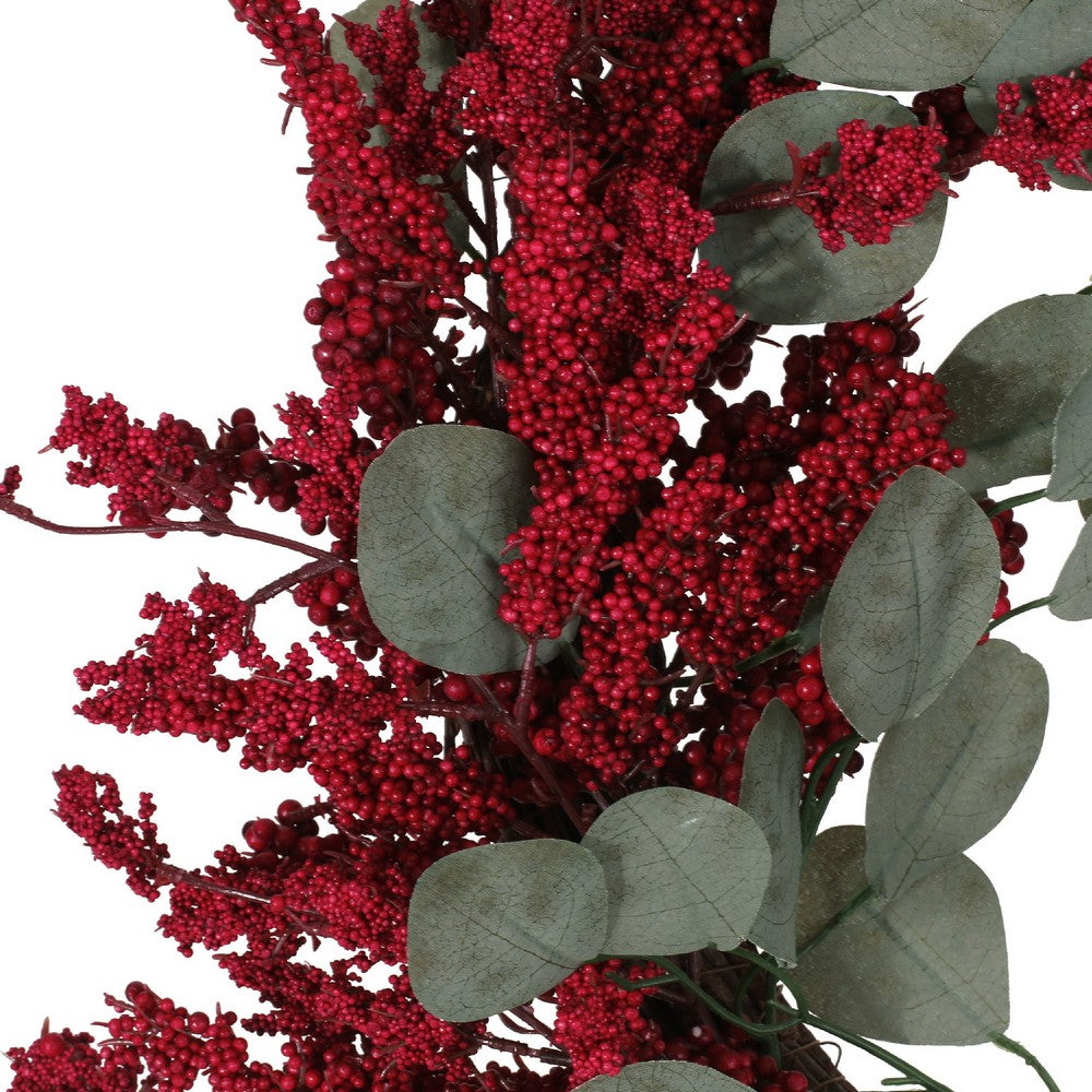 Decorative Hanging Wreath, 29 Inch Twig Red Faux Berries Eucalyptus -BM335379