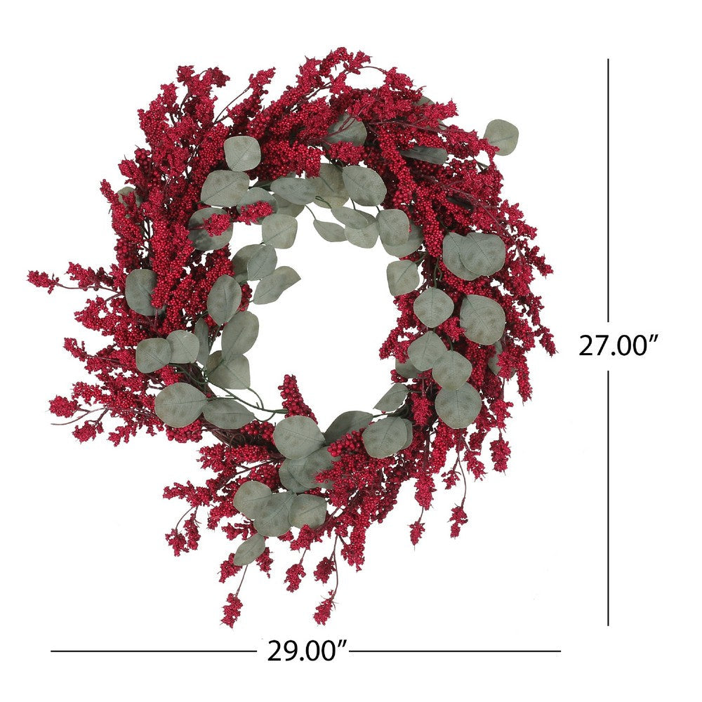 Decorative Hanging Wreath, 29 Inch Twig Red Faux Berries Eucalyptus -BM335379