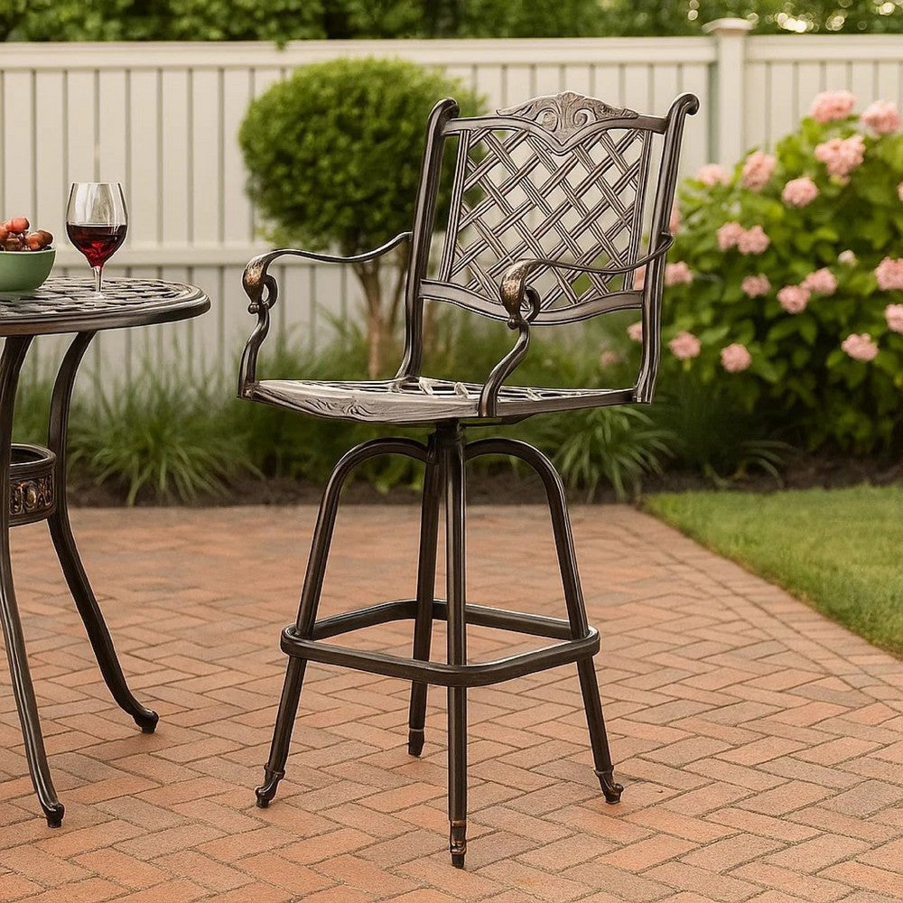 Outdoor Swivel Bar Height Chair, Ornate Bronze Aluminum Flared Base -BM335381